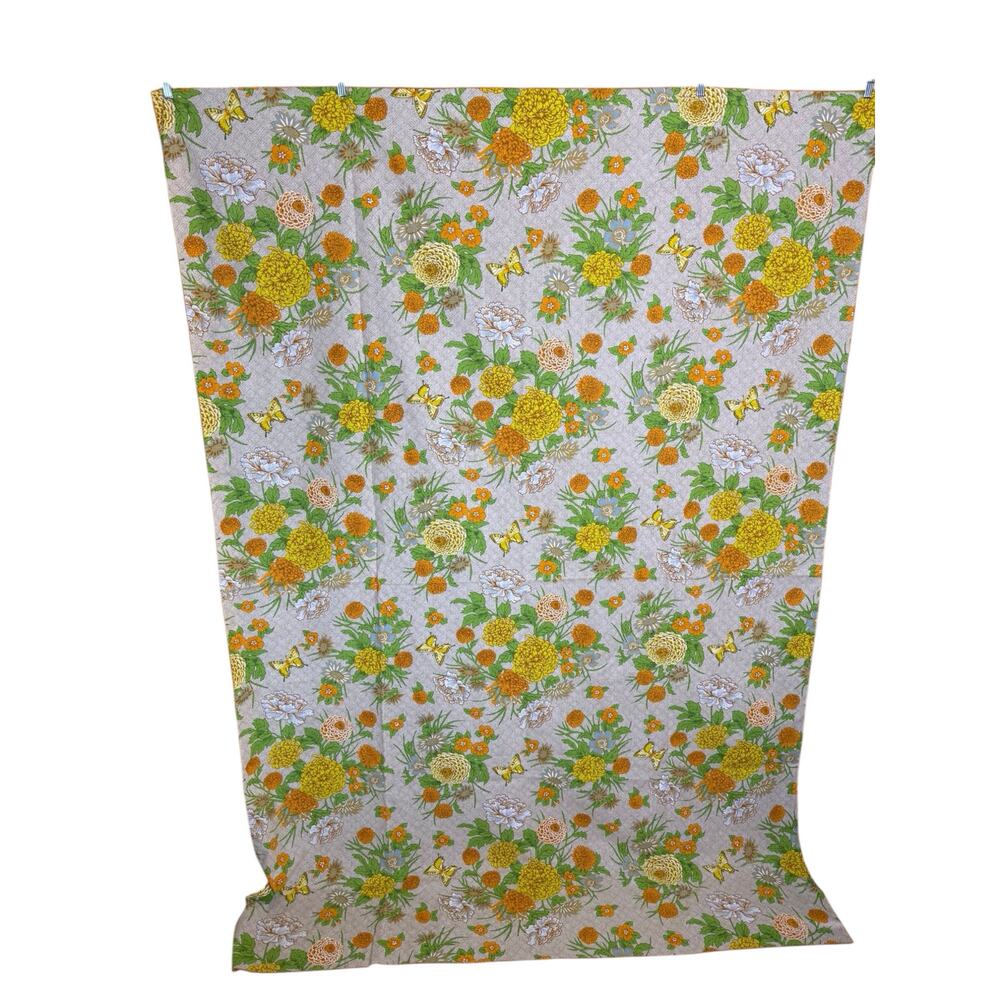 Vintage table cloth floral chrysanthemum zinnia and butterflies